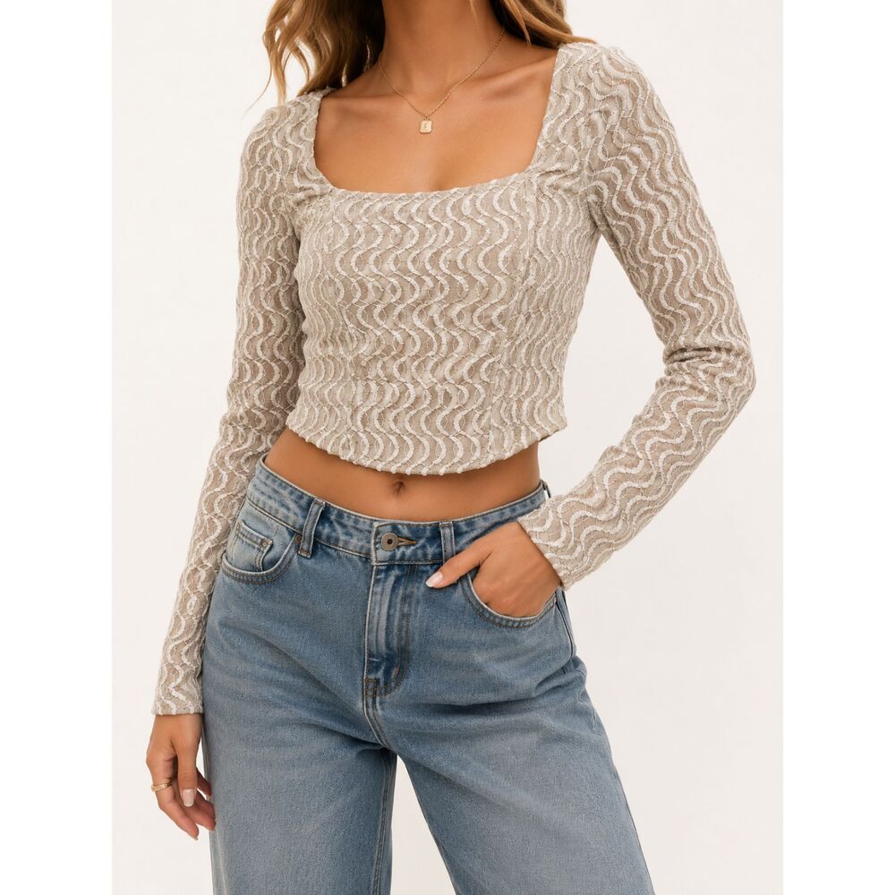 Willow & Root Lace Corset Top M Taupe Square Neck Long Sleeve Coquette Y2K